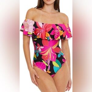 Trina Turk Solar Ruffle Multi Print One Piece Swimsuit size 10